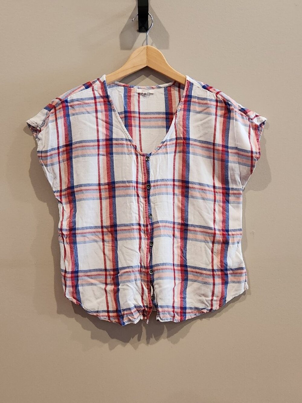 Maurices Plaid Button Front Blouse Womens Small Red Blue White Top